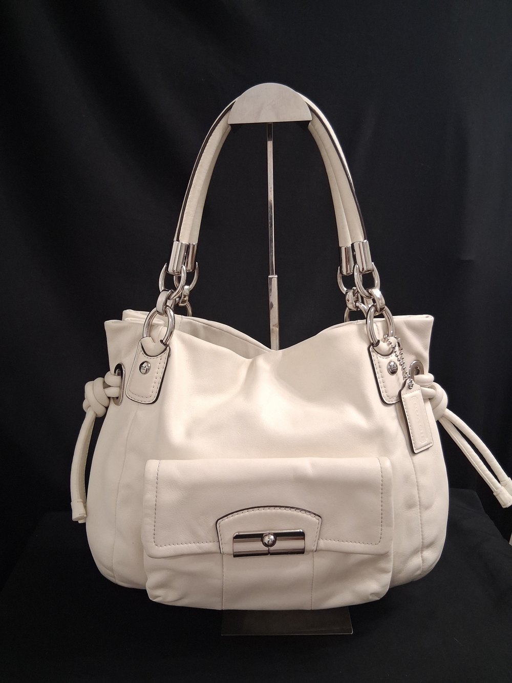 Coach Kristin White Smooth Leather Double Handle Snap Closure Hobo Bag